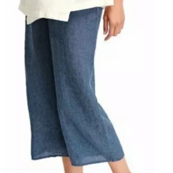 Flax Pants - FLAX blue linen wide leg cropped pants